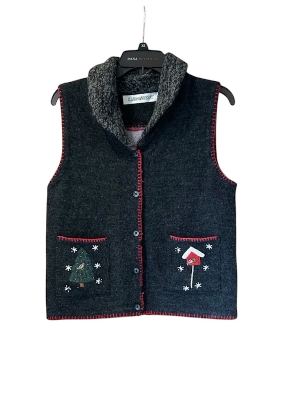 VTG Claire Murray Christmas Wool Vest Small Snowman Tree Hong Kong Embroidered